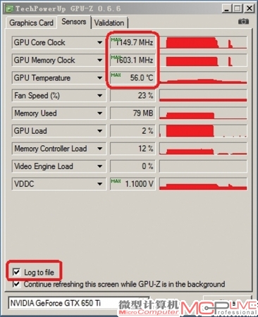 勾选 “Log to file”把GPU-Z的监测结果输出到txt文档中